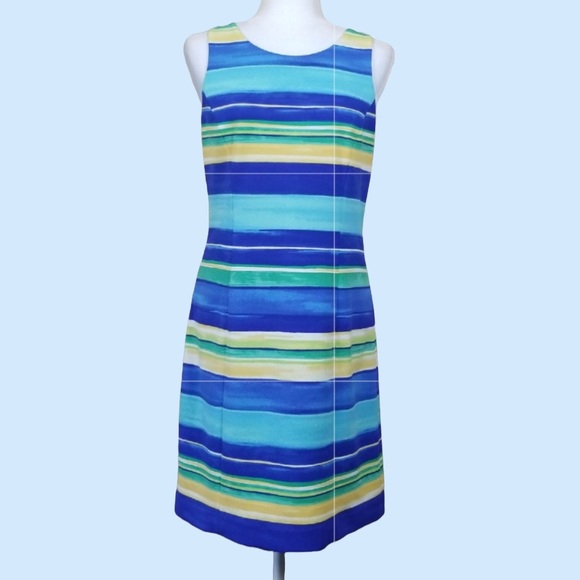 Pappagallo Hazy Blue Multicolor Striped Sandy Lined Sheath Dress - Picture 3 of 10